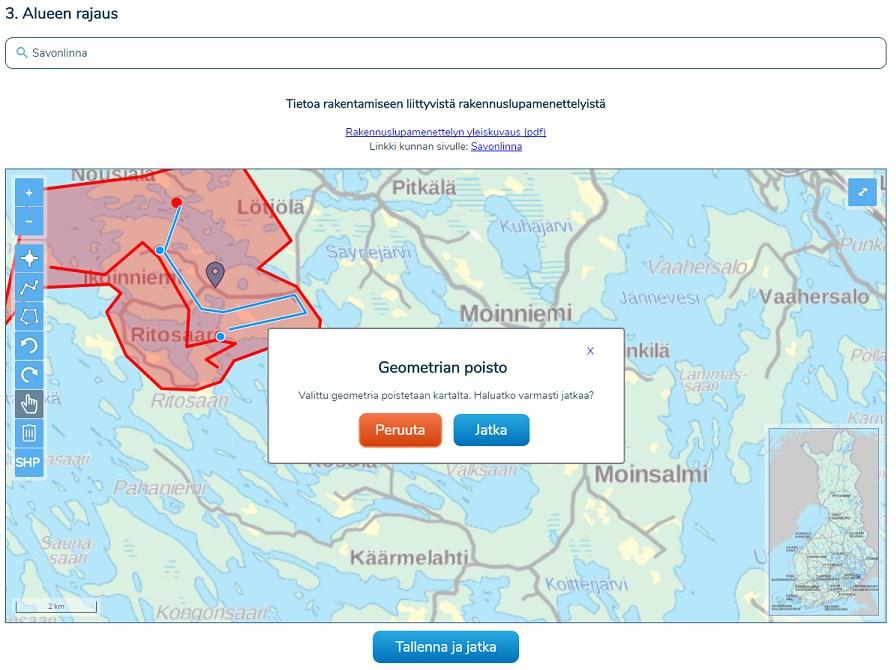 11 Shapefile-tiedostoja ladattaessa tarkistetaan geometrian eheys ja mahdollisista virheistä ilmoitetaan käyttäjälle. Kun painat ok, tiedoston geometria ladataan kartalle.