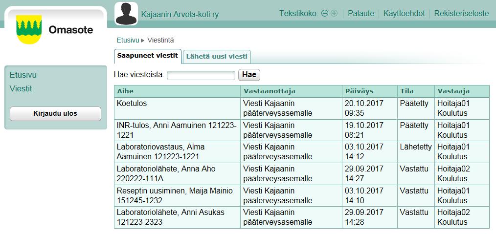 Terveysaseman viestinäkymä saapuneista