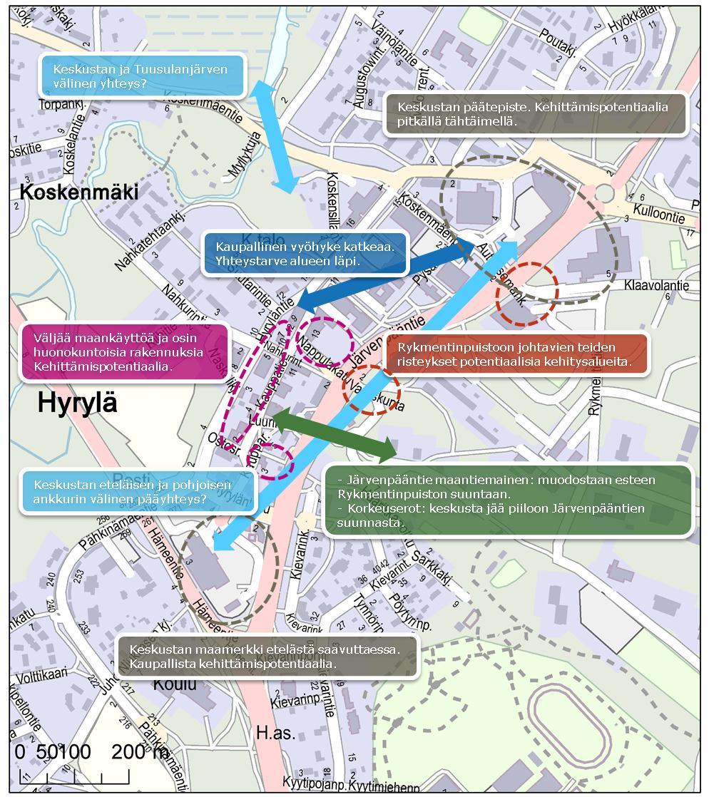 26 Kuva 10 Keskustan ongelmakohdat ja kehittämispotentiaali Pohjakartat: Logica/Maanmittauslaitos.