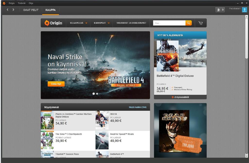 Kuvio 9. Kuvakaappaus Origin-kaupan etusivusta tekijän omalla Windows 7- tietokoneella. Origin on vakiinnuttanut asemansa markkinoilla ja Electronic Artsin julkaisemat tilastot puoltavat sitä.