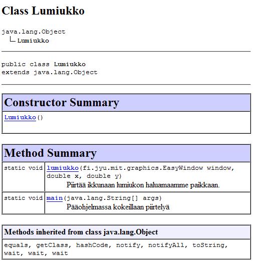 Kuva 6: Osa Lumiukko luokan dokumentaatiosta Dokumentaatiossa näkyy kaikki luokan aliohjelmat ja metodit. Huomaa, että koska Javassa yleisesti myös ali, pääohjelmat ja metodit.
