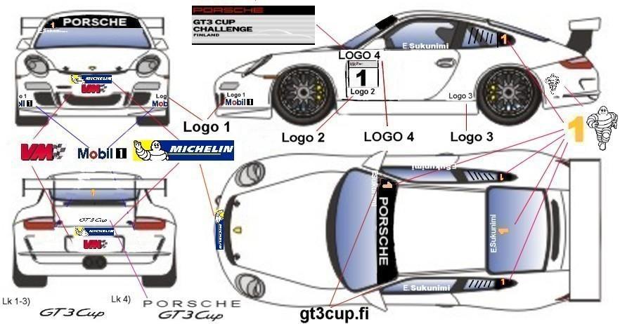 LIITE 1 Pakollisten tarrojen ja merkkien sijainti a) Kaikissa autoissa, jotka kilpailevat Porsche GT3 Cup Challenge Finland -Sarjassa on oltava tarrat alla esitetyn mukaisesti, tarkasti oikeilla