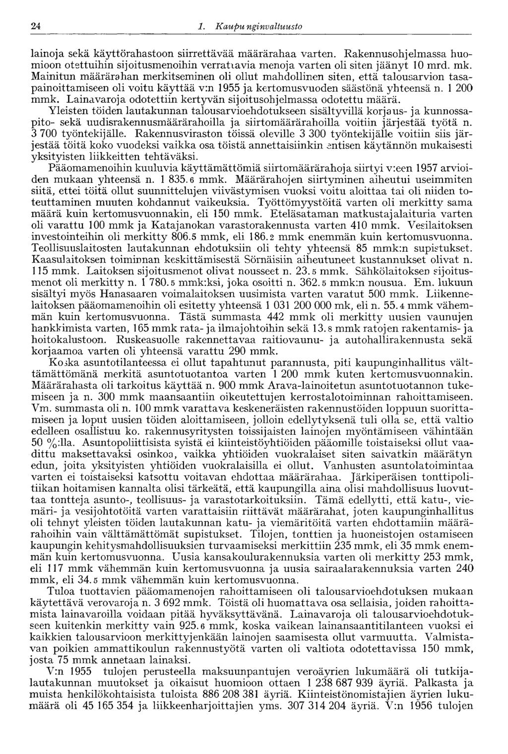 24 1. Kaupu nginvaltuusto lainoja sekä käyttörahastoon siirrettävää määrärahaa varten. Rakennusohjelmassa huomioon otettuihin sijoitusmenoihin verrattavia menoja varten oli siten jäänyt 10 mrd. mk.