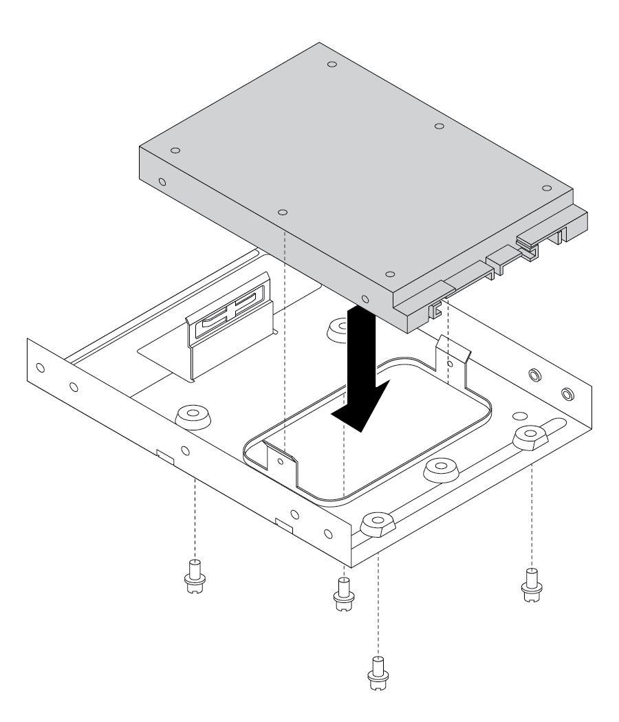 7. Asenna uusi SSD-asema asemasovittimeen. Kiinnitä sitten uusi SSD-asema asemasovittimeen neljällä kiinnitysruuvilla. Kuva 83. Uuden SSD-aseman asentaminen asemasovittimeen 8.