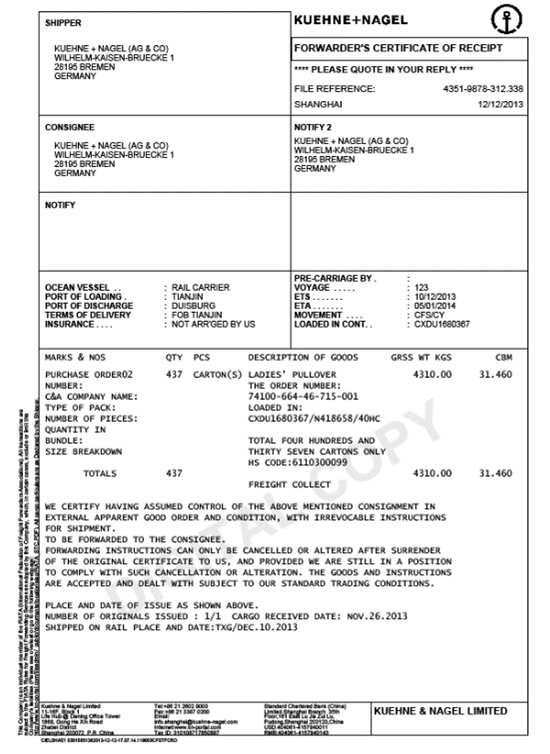 Laivaus dokumentit Kiina Eurooppa Kiina rautatiekuljetuksissa käytämme Kuehne Nagel rautatierahtikirjaa tai Forwarders Certificate of Receipt (FCR) Huolitsijan vastaanottotodistusta.