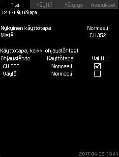 Lisätietoja on alivalikoissa. Tältä näytöltä voit avata seuraavat tiedot: Käyttötapa Asetuspiste Asetuspisteen vaikutus Mitatut arvot Analogiset tulot Lokin kuvaaja Akun tila.