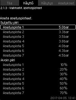 Suomi (FI) 7.5.4 Vaihtoeht. asetuspisteet (2.1.3) 7.5.5 Yksittäisen pumpun ohjaus (2.1.4) Kuva 27 Vaihtoeht.