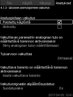 Suomi (FI) 7.7.5 Ulkoisen asetuspisteen vaikutus (4.1.3) Kuva 40 Ulkoisen asetuspisteen vaikutus Tällä toiminnolla voi muokata asetuspistettä sallimalla mittausparametrien vaikuttaa asetuspisteeseen.