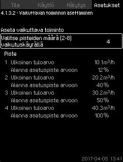 7.7.6 Vaikuttavan toiminnon asettaminen (4.1.3.2) 7.7.7 Ensisijainen anturi (4.1.4) Suomi (FI) Kuva 41 Vaikuttavan toiminnon asettaminen Valitse asetuspisteeseen vaikuttavan mittausparametrin ja halutun vaikutuksen suhde prosentteina.