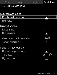 7.7.10 Suhteellinen paine (4.1.7) Kuva 47 Suhteellinen paine Ohjaustavan valinta Vaikutus nollavirtaamalla Arvioitu virtaama Suodatuskerroin. Asetukset > Ensisijainen säädin > Suhteellinen paine. 1.