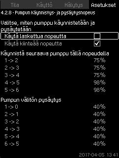 Suomi (FI) 7.7.20 Pumpun käynnistys- ja pysäytysnopeus (4.2.8) Tällä toiminnolla ohjataan pumppujen käynnistystä ja pysäytystä. Ohjausvaihtoehtoja on kaksi. 1.