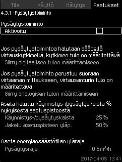 Toiminto kompensoi ajan, joka vaaditaan verkkokäyttöisen pumpun täyden tuoton saavuttamiseen käynnistyksen jälkeen. Verkkokäyttöisen pumpun käynnistysaika on tiedettävä.