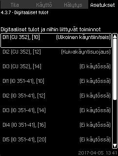 Anturivian ilmetessä sekä pää- että varapumput käyvät 100 % nopeudella. Digitaalisen tulon asetus (7.7.27 Digitaaliset tulot (4.3.7)). Digitaalisen lähdön asetus (7.7.32 Digitaaliset lähdöt (4.3.9)).