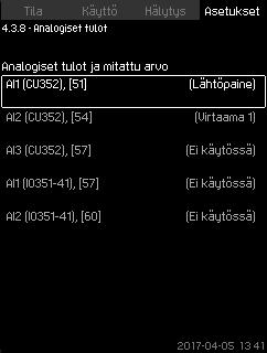 Vesimäärän valvontaa varten järjestelmään on asennettava paine- tai pintakytkin. 7.7.29 Analogiset tulot (4.3.8) Kuva 74 Digitaalisten tulojen toiminnot Digitaalituloihin voi määrittää toiminnon.