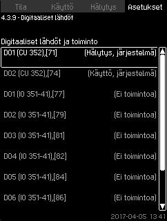 Suomi (FI) 7.7.32 Digitaaliset lähdöt (4.3.9) Kuva 78 Digitaaliset lähdöt Kaikki digitaaliset lähdöt voidaan aktivoida ja liittää tiettyyn toimintoon.