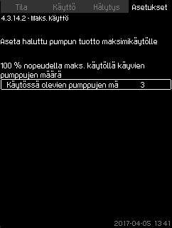 MPC-S-järjestelmissä voi asettaa ainoastaan 100 % nopeudella käyvien pumppujen määrän. Käytössä olevien pumppujen määrä. Kierroslukuohjattujen pumppujen nopeus prosentteina (25-100 %).