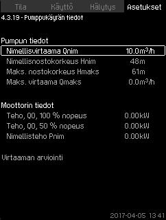 Tällä toiminnolla voit asettaa pumpun tuoton valitsemalla käyttöpumppujen määrän ja kierroslukuohjattujen pumppujen nopeuden.