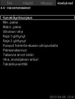 Suomi (FI) 7.7.48 Valvontatoiminnot (4.4) 7.7.49 Kuivakäyntisuojaus (4.4.1) Kuva 98 Valvontatoiminnot Kuva 99 Kuivakäyntisuojaus Järjestelmässä on useita toimintoja, joilla sen toimintaa valvotaan jatkuvasti.