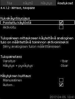 7.7.50 Paine-/tasokytkin (4.4.1.1) 7.7.51 Mittaus, tulopaine (4.4.1.2) Suomi (FI) Kuva 100 Paine-/tasokytkin Tätä toimintoa käytetään yleensä paineenkorotussovelluksissa.