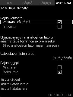 Suomi (FI) 7.7.56 Raja 1 ylittynyt (4.4.5-4.4.6) Kuva 106 Raja 1 ylittynyt Tällä toiminnolla CU 352 voi valvoa analogisille arvoille asetettuja rajoja. Toiminto reagoi, jos asetetut rajat ylittyvät.