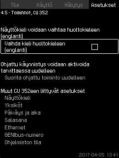 7.7.62 Toiminnot, CU 352 (4.5) 7.7.63 Näyttökieli (4.5.1) Suomi (FI) Kuva 113 Toiminnot, CU 352 Tässä alivalikossa tehdään CU 352:n perusasetukset.