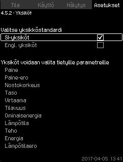 Suomi (FI) 7.7.64 Yksiköt (4.5.2) Asetukset > Toiminnot, CU 352 > Yksiköt. Aseta yksikköstandardi, mittausparametri ja haluttu yksikkö. Katso esimerkki kuvasta 116.