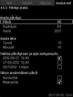 7.7.65 Päiväys ja aika (4.5.3) 7.7.66 Salasana (4.5.4) Suomi (FI) Kuva 117 Päiväys ja aika Voit asettaa päivämäärän ja kellonajan sekä niiden näyttötavan.