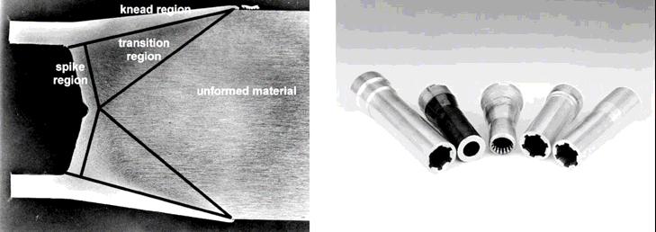 A solid bar is deformed by rolls on the outer surface and by a rotating shaping mandrel simultaneously applying compressive load on the center axis of the bar.