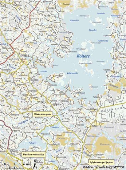 Kuva 7. Kartta Koitereen lähialueesta. josta saarien osuus 153 km (Ympäristöhallinto, HERTTA-tietokanta 2004). Koitere on pinta-alaltaan Suomen 12.