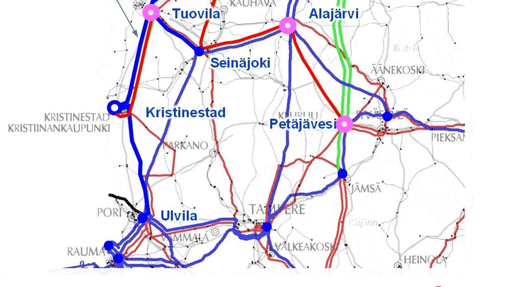 Kristinestad Tuovila Hirvisuo johdon käyttöönotto 400 kv jännitteelle. 220 kv rakenteiset johdot otetaan 110 kv käyttöön Alajärven länsipuolella 2016.