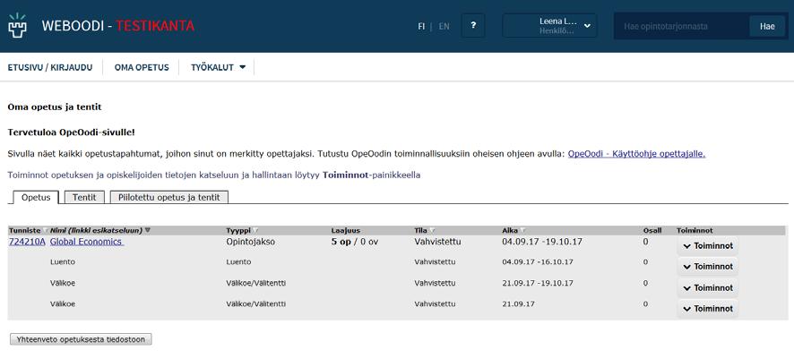 2.1 Oma opetus välilehdet Opetus-välilehti Tämä välilehti avautuu Oma opetus -näkymässä ensimmäiseksi.