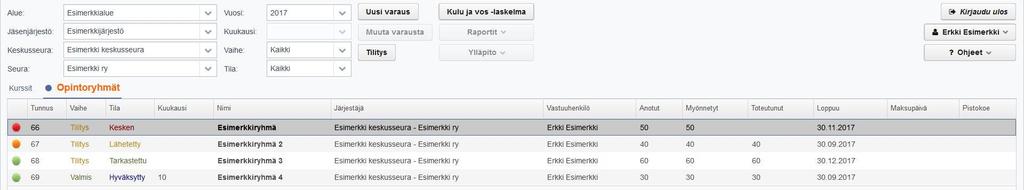 TILITTÄMINEN Voit valita haluamasi varaukset Vaiheet ja Tilat -pudotusvalikoista ja näin voit helposti seurata opintoryhmän