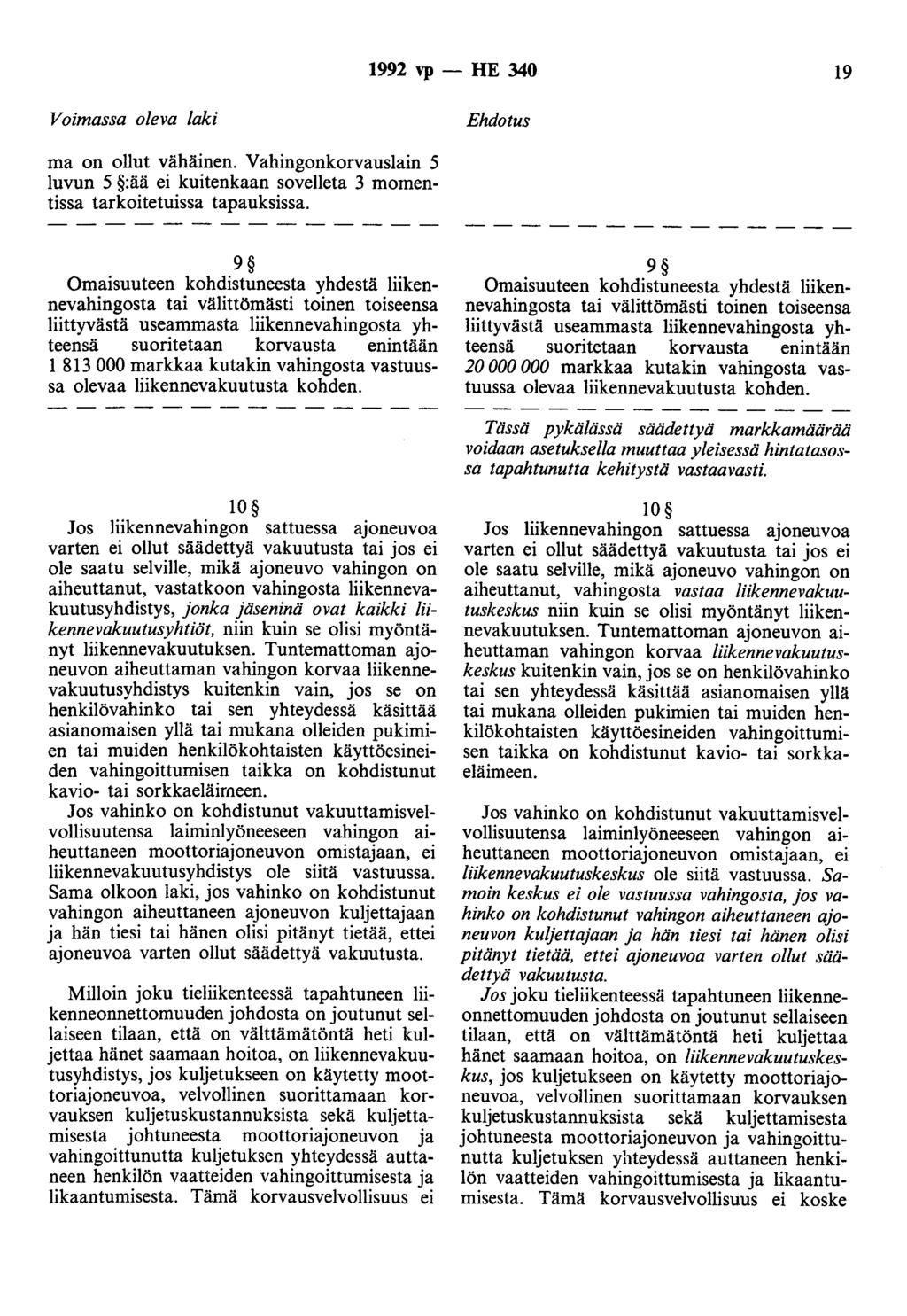 1992 vp - HE 340 19 Voimassa oleva laki Ehdotus ma on ollut vähäinen. Vahingonkorvauslain 5 luvun 5 :ää ei kuitenkaan sovelleta 3 momentissa tarkoitetuissa tapauksissa.