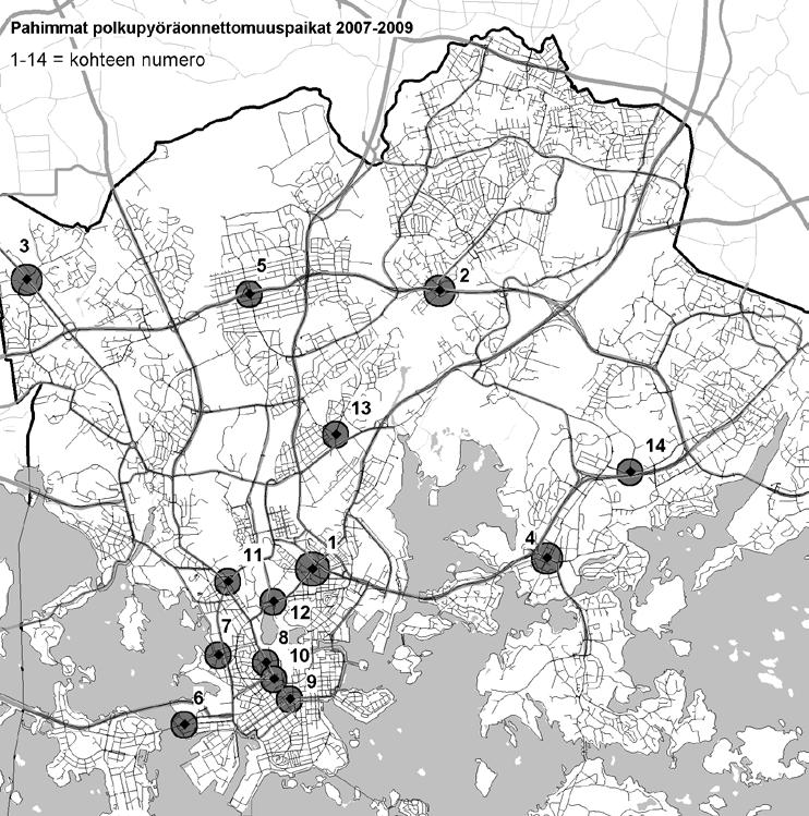 Taulukko 3. Pahimmat polkupyöräonnettomuuspaikat Helsingissä vuosina 2007 2009. Polkupyöräonnettomuudet PP henk. vah.