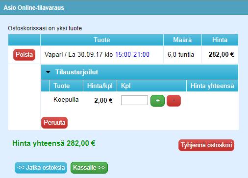 Käyttäjän netissä tekemät kokousvaraukset siirtyvät ostoskoriin. Ostoskoriin voidaan liittää myös tuotteita ja palveluita varattavaksi samalla ostokerralla.