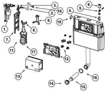 LIV FIX-500 huuhtelukoneiston varaosat NRO 1 358516 Täyttöventtiili Fluidmaster 747 29 2 229119 Vesiliitosletku, metallipunos 5 3 229666 Täyttöventtiilin pidike 3 4 003555 Hanasulku