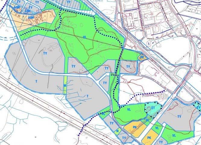 yhdyskuntateknisen huollon (ET), lähivirkistys (VL) sekä maa- ja metsätalousvaltaisia alueita. Ulkoilun pääreitti on osoitettu lähivirkistysalueelta metsätalousvaltaiselle alueelle.