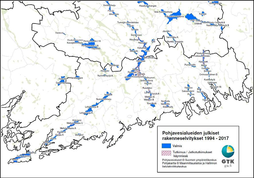 Kuva 1. Vuosina 1994-2017 tehtyjen harjurakenneselvitysten sijainti Uudenmaan alueella. (Kuva: T. Rauhaniemi, GTK). 5.2.1 Rakenneselvitykset Pohjavesialueen rakenneselvitys on maaperän rakenteita selvittävä perustutkimus.