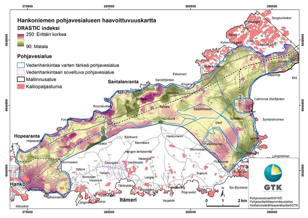 Kuva 5. Hankoniemen alueen DRASTIC indeksiin perustuva haavoittuvuuskartta (Luoma ym. 2.10.2017).