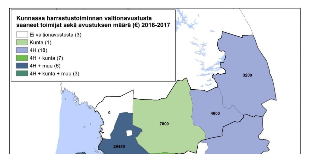 2.2 Alueellisuus Kaudella 2016 2017 Kainuussa ja Pohjois-Pohjanmaalla harrastustoiminnan valtionavustuksella järjestettyä kerho- ja päiväleiritoimintaa oli kaikissa muissa kunnissa paitsi Iissä,