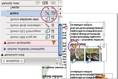 Käytössä- ja Vanhentunut-kuvakkeet (vasemmalla) sisältävä Artikkelit-paneeli sekä sisällöltään vanhentunut sivuasettelu (oikealla) 4. InDesign-käyttäjä päivittää sisällön.