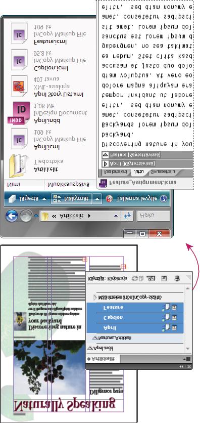 InDesign-julkaisu (.indd), jonka artikkelitiedosto (.icml) koostuu kolmesta linkitetystä sisältötiedostosta (.incx). Artikkeli ja sen osat näkyvät Artikkelit-paneelissa, ja ne avataan InCopylla.