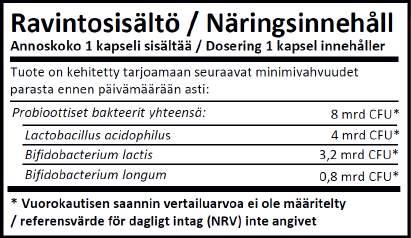 Tuotesarjassa on 3 eri vahvuutta: #2933-25 miljardia bakteeria (CFU) 100 kaps. #2928-50 miljardia bakteeria (CFU) 50 kaps.