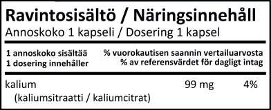 14%) Potassium Citrate Kalium tukee hermoston ja lihaksiston toimintaa. Se säätelee yhdessä natriumin kanssa elimistön happo-emästasapainoa ja osmoosia. Se myös säätelee kilpirauhashormonin eritystä.