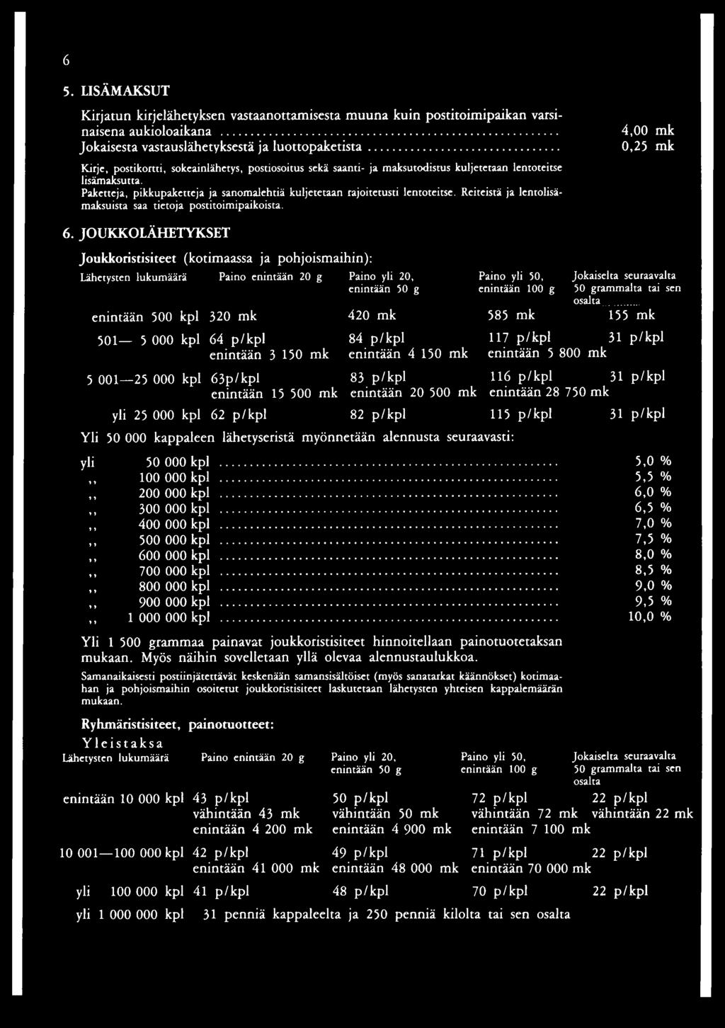 Reiteistä lentolisämaksuista saa tieto postitoimipaikoista. 4,00 mk 0,25 mk 6.