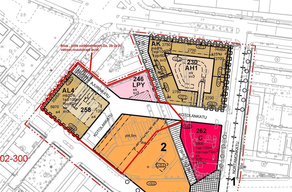 Edellisen kaavaprosessin AK 01-097 asemakaavakarttaluonnos VE2C. Alueen pohjoisosassa on kaksi asuinkorttelia.