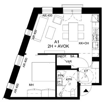 2H+AVOK 42,5 m 2 Valoisuutta kahdesta ilmansuunnasta asunnot: A1, A12, A22
