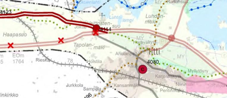 2014 Kymenlaakson maakuntakaavan, kauppa ja merialue (oikea kuva). Kaavassa on osoitettu Vt 12 uusi linjaus Jokuesta länteen. 3.