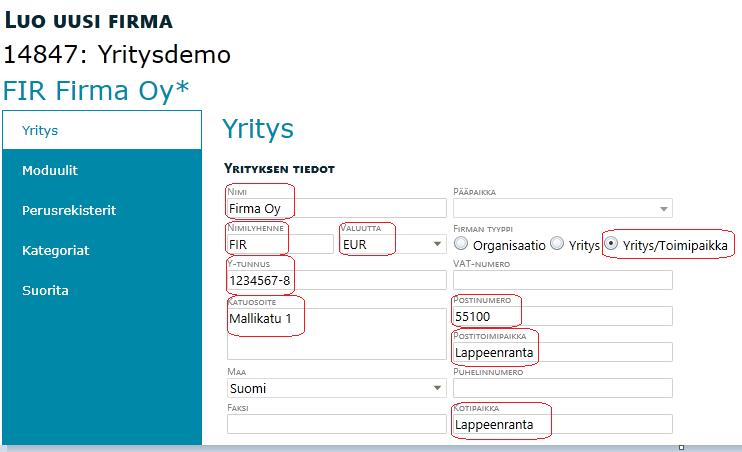 Täytetään yrityksen perustiedoista seuraavat kohdat: Nimi: yrityksen virallinen nimi Nimilyhenne: firmakoodi (sama kuin winmaestron puolella)