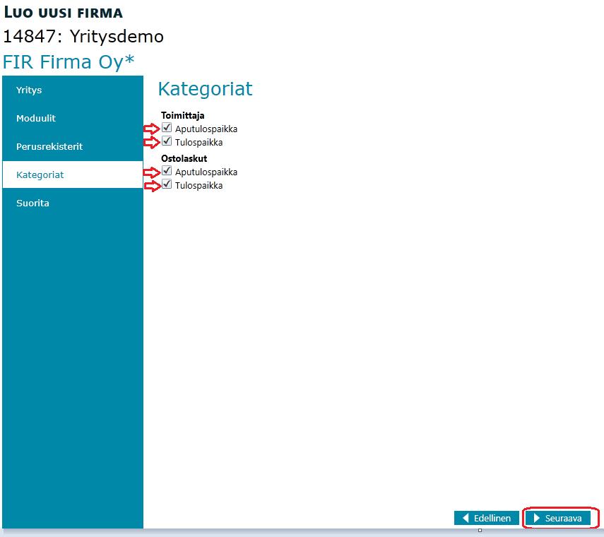 Valitaan käytettävät Kategoriat Voit lisätä valinnan sekä toimittajan että ostolaskujen kohdalla